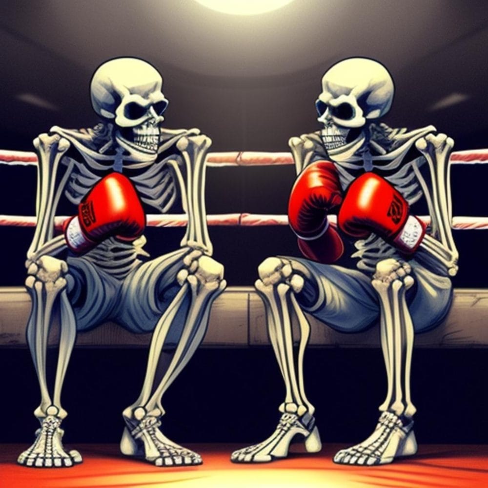 Skeletons sitting in a boxing ring