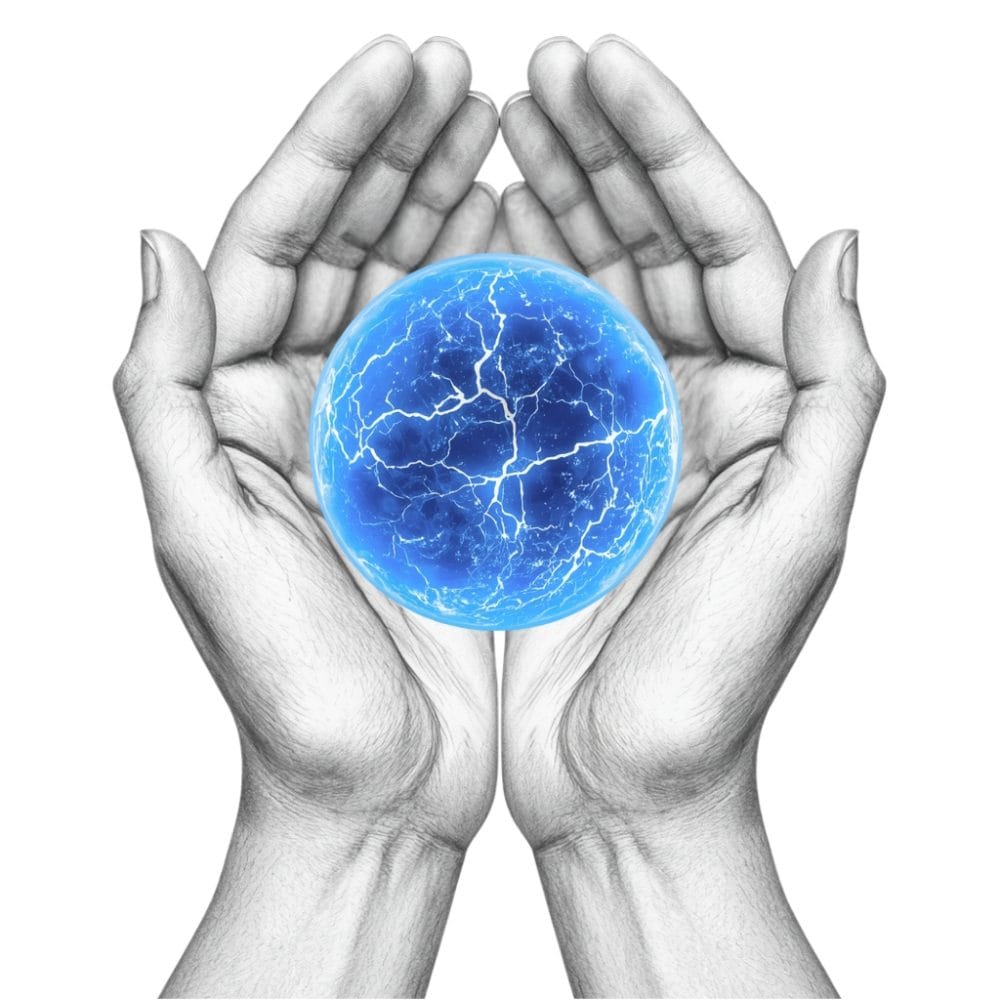 Two drawn cupped hands with a blue Reiki energy ball in the middle bigger